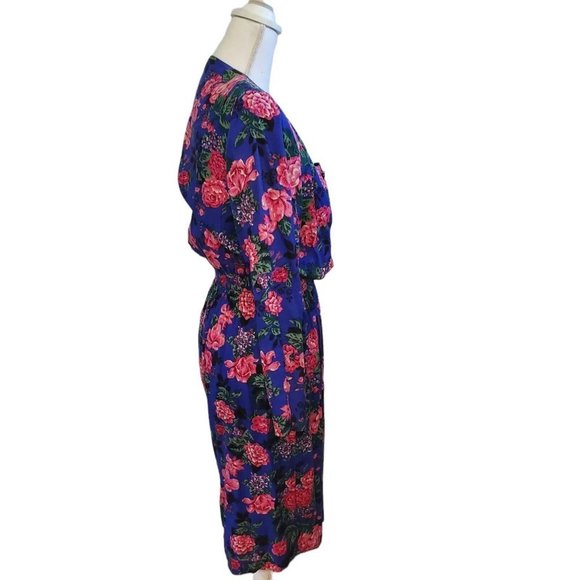 Vintage 80s Blouson Floral Longsleeve Secretary Dress Pockets‎ Blue Sz Small - Picture 6 of 8